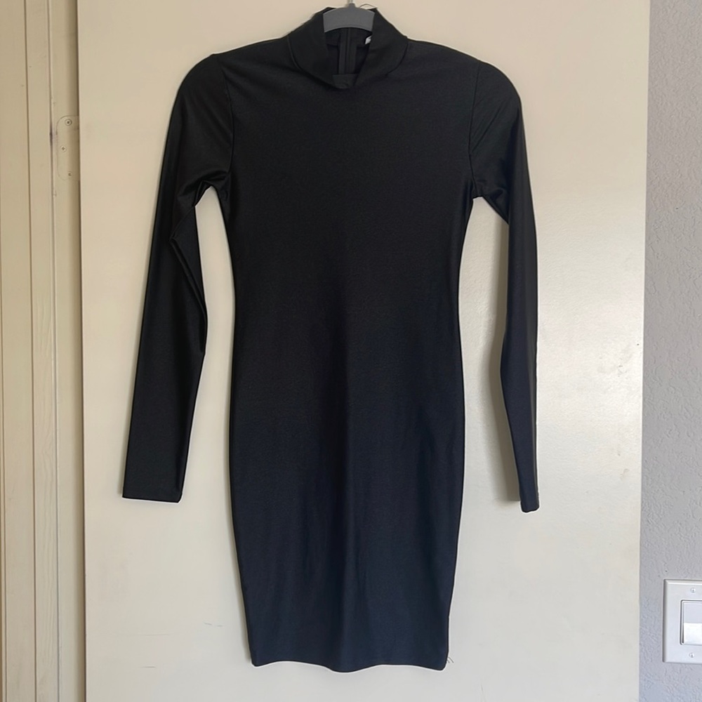 black form fitting high neck dress